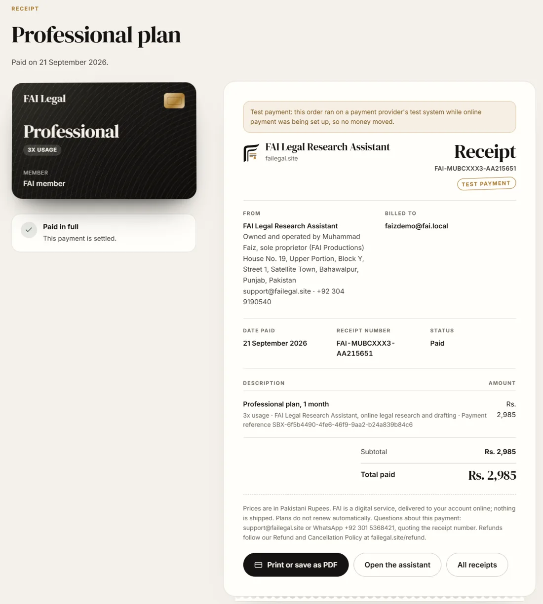FAI receipt showing the membership card, the plan, the amount paid, the date and the receipt number